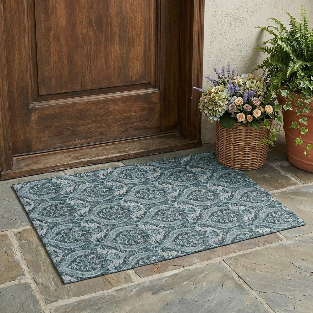2' X 3' Teal Damask Washable Non Skid Indoor Outdoor Area Rug HomeRoots