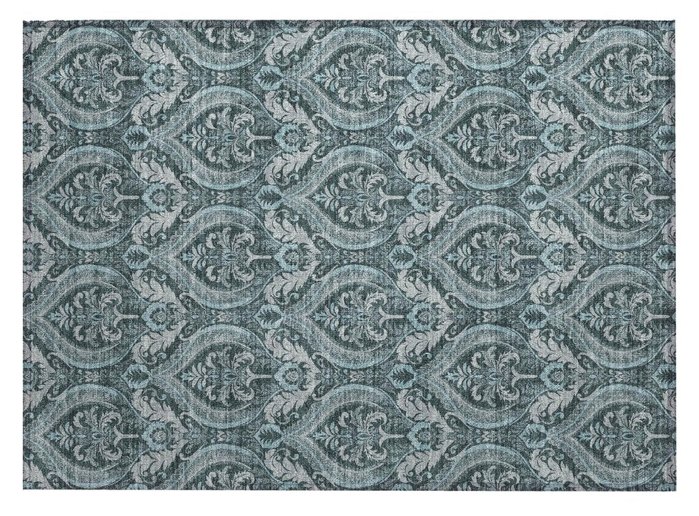 2' X 3' Teal Damask Washable Non Skid Indoor Outdoor Area Rug HomeRoots