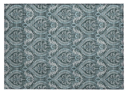 2' X 3' Teal Damask Washable Non Skid Indoor Outdoor Area Rug HomeRoots