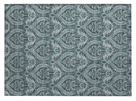 2' X 3' Teal Damask Washable Non Skid Indoor Outdoor Area Rug