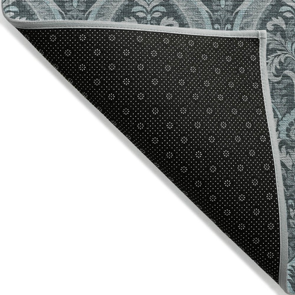 2' X 3' Teal Damask Washable Non Skid Indoor Outdoor Area Rug HomeRoots