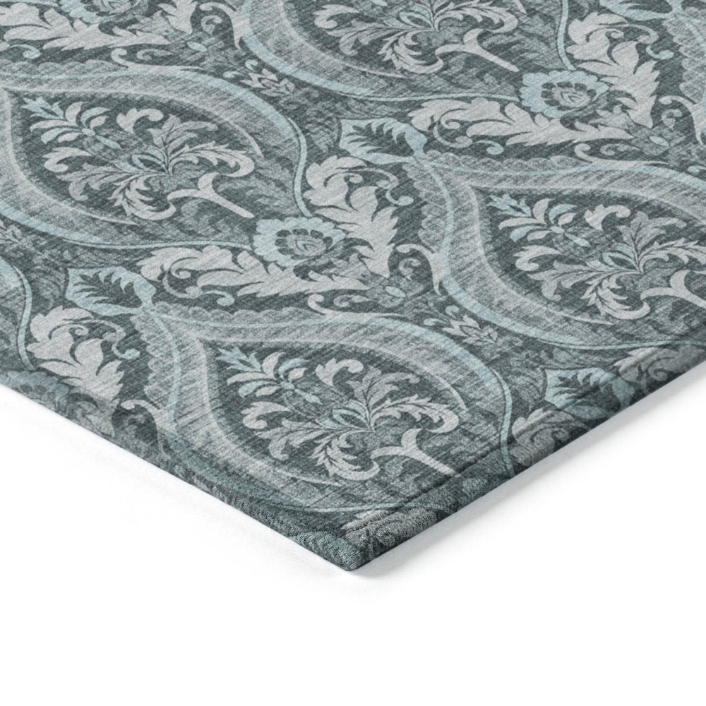 2' X 3' Teal Damask Washable Non Skid Indoor Outdoor Area Rug — view 3