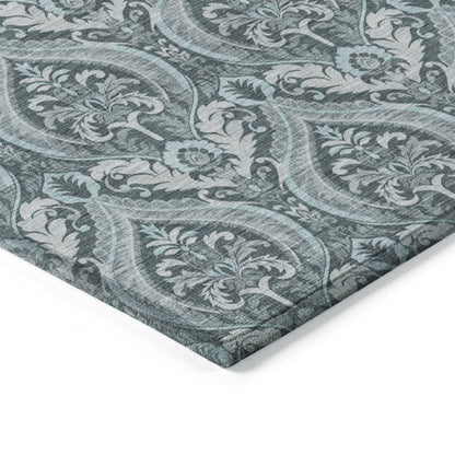 2' X 3' Teal Damask Washable Non Skid Indoor Outdoor Area Rug HomeRoots
