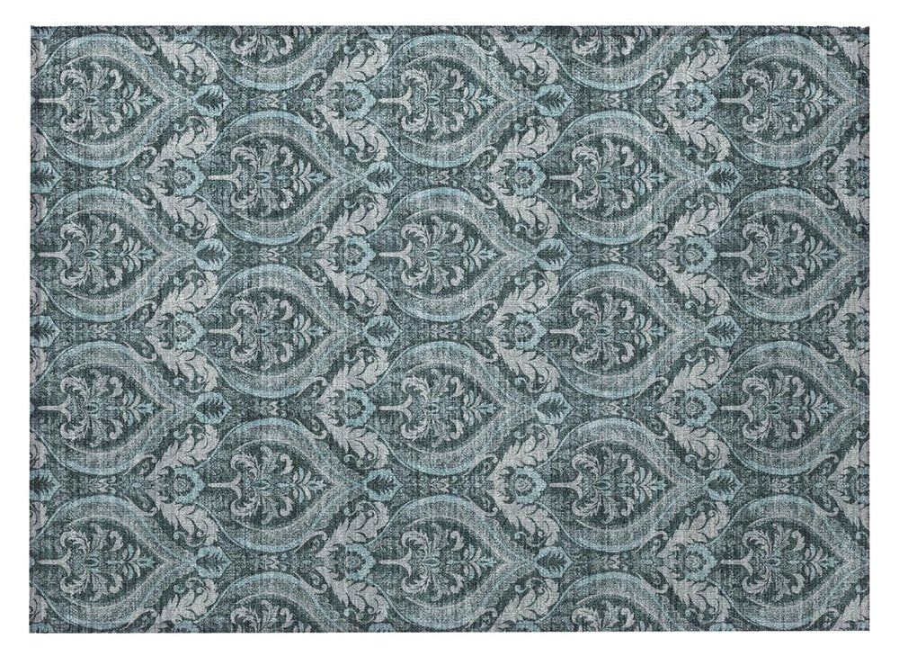 2' X 3' Teal Damask Washable Non Skid Indoor Outdoor Area Rug — view 5