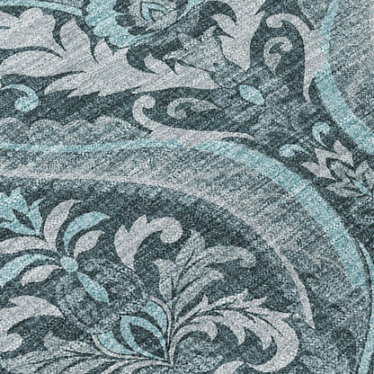 2' X 3' Teal Damask Washable Non Skid Indoor Outdoor Area Rug HomeRoots