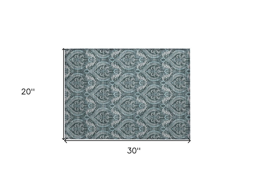 2' X 3' Teal Damask Washable Non Skid Indoor Outdoor Area Rug HomeRoots