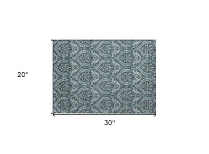 2' X 3' Teal Damask Washable Non Skid Indoor Outdoor Area Rug HomeRoots