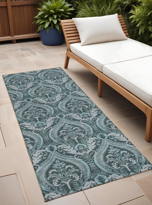 8' Runner Teal Damask Washable Non Skid Indoor Outdoor Runner Rug