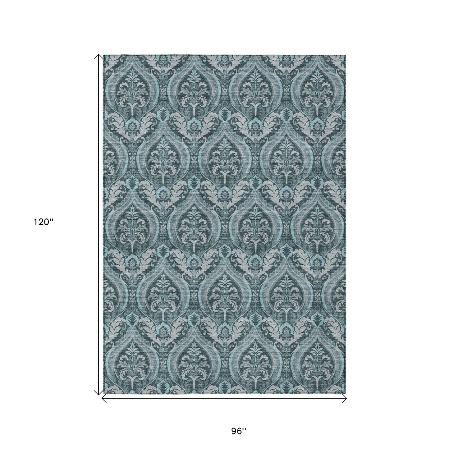 8' X 10' Teal Damask Washable Non Skid Indoor Outdoor Area Rug