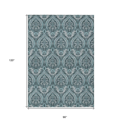 8' X 10' Teal Damask Washable Non Skid Indoor Outdoor Area Rug