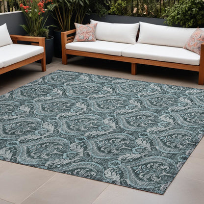 8' X 10' Teal Damask Washable Non Skid Indoor Outdoor Area Rug