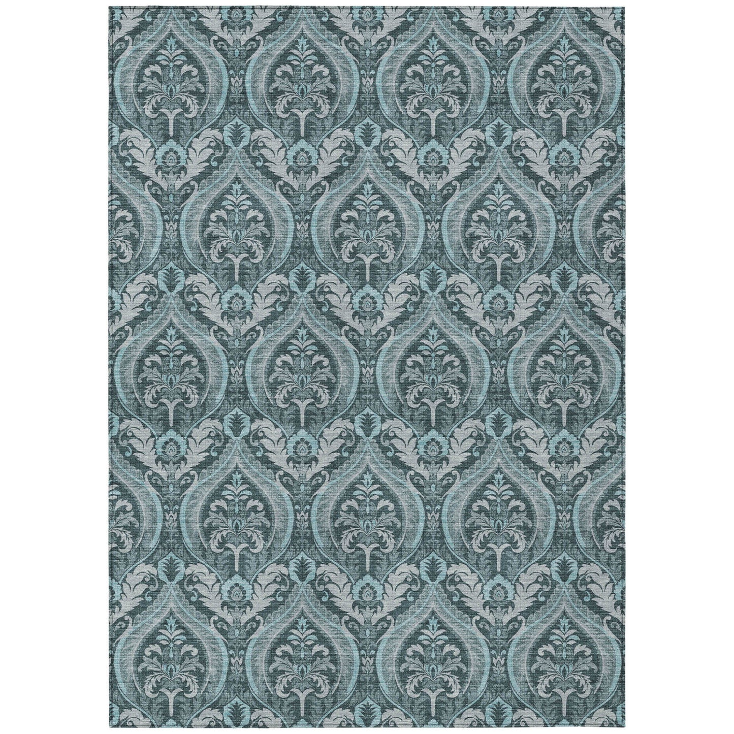 8' X 10' Teal Damask Washable Non Skid Indoor Outdoor Area Rug