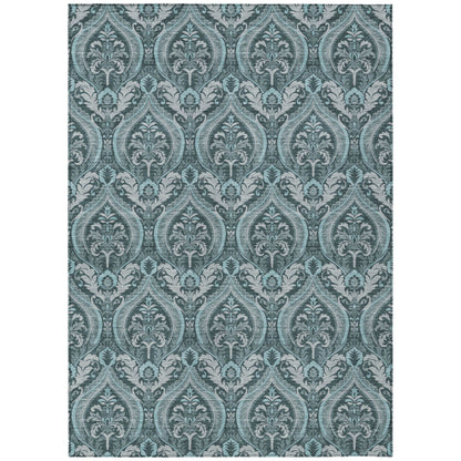 8' X 10' Teal Damask Washable Non Skid Indoor Outdoor Area Rug