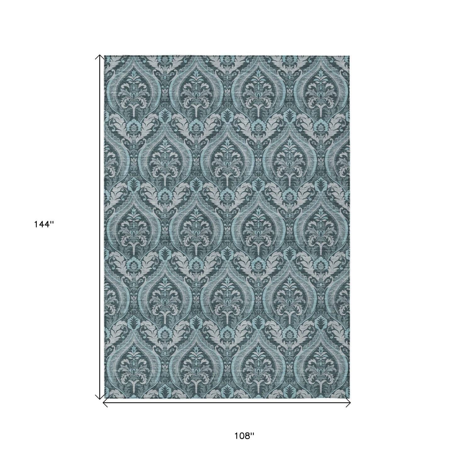 9' X 12' Teal Damask Washable Non Skid Indoor Outdoor Area Rug