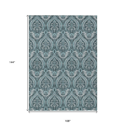 9' X 12' Teal Damask Washable Non Skid Indoor Outdoor Area Rug