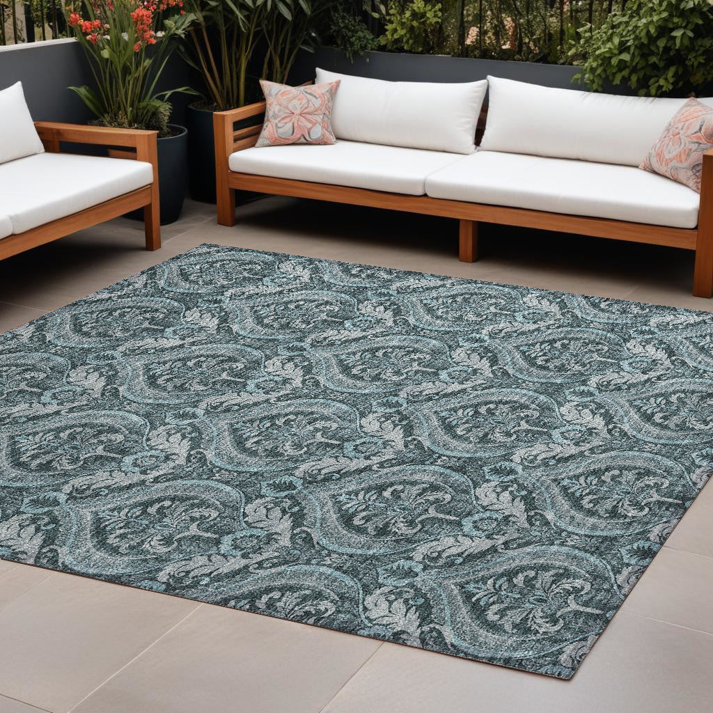 9' X 12' Teal Damask Washable Non Skid Indoor Outdoor Area Rug