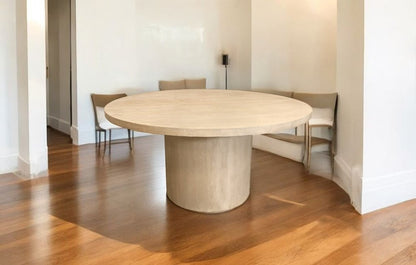 60" Natural and Brown Rounded Solid Wood Pedestal Base Dining Table HomeRoots