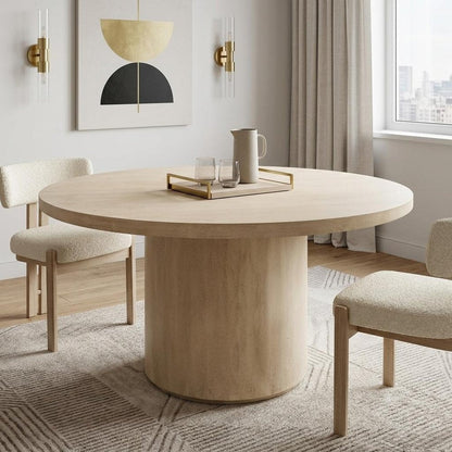 60" Natural and Brown Rounded Solid Wood Pedestal Base Dining Table HomeRoots