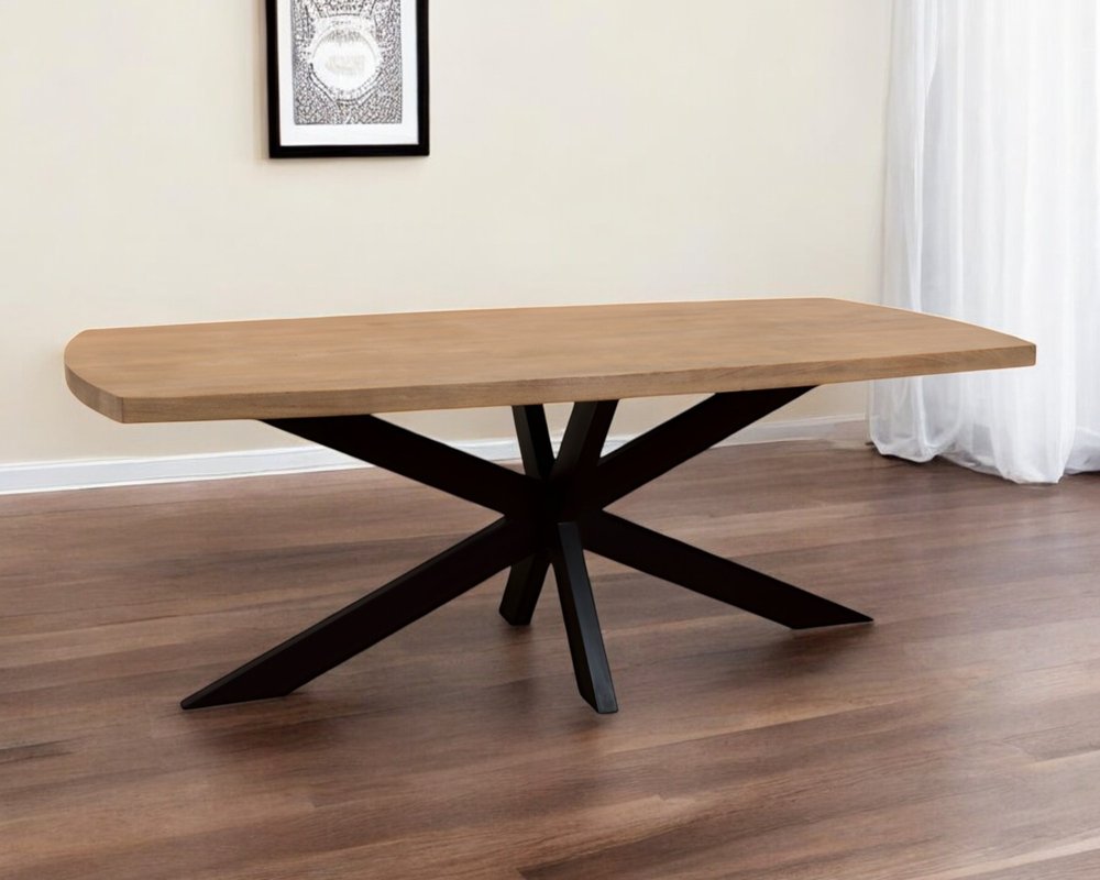 82" Natural And Black Solid Wood And Iron Pedestal Base Dining Table HomeRoots