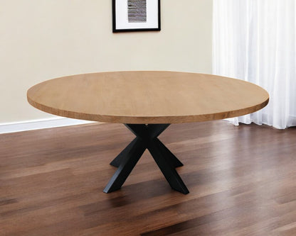 72" Natural And Black Rounded Solid Wood And Iron Pedestal Base Dining Table HomeRoots