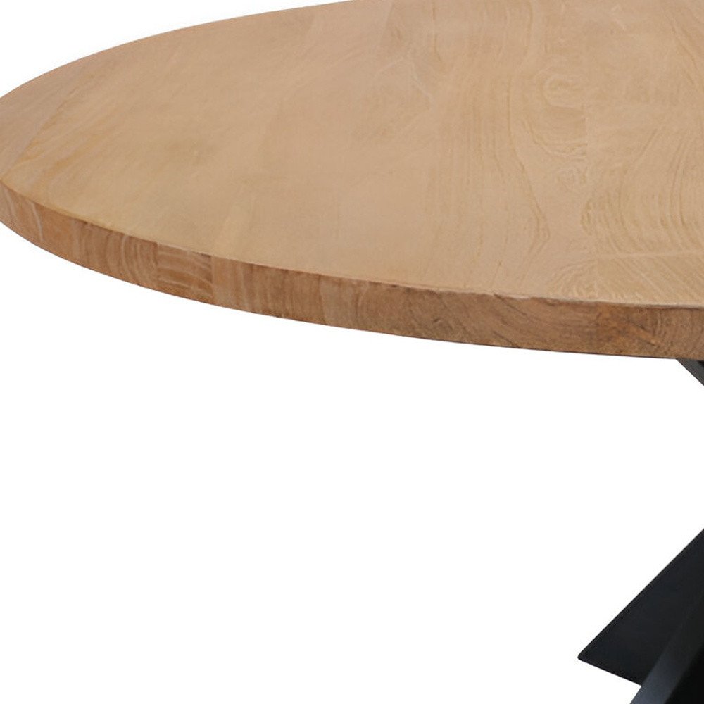 72" Natural And Black Rounded Solid Wood And Iron Pedestal Base Dining Table HomeRoots