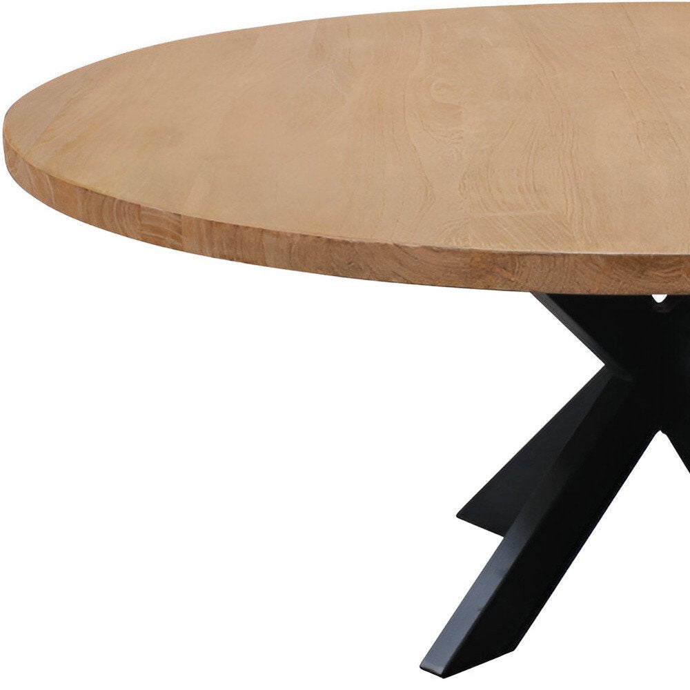 72" Natural And Black Rounded Solid Wood And Iron Pedestal Base Dining Table HomeRoots