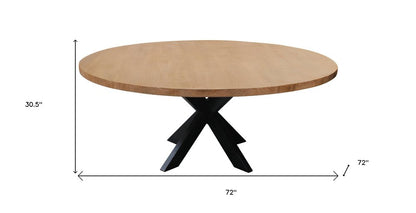 72" Natural And Black Rounded Solid Wood And Iron Pedestal Base Dining Table HomeRoots