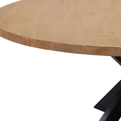 60" Natural And Black Rounded Solid Wood And Iron Pedestal Base Dining Table HomeRoots