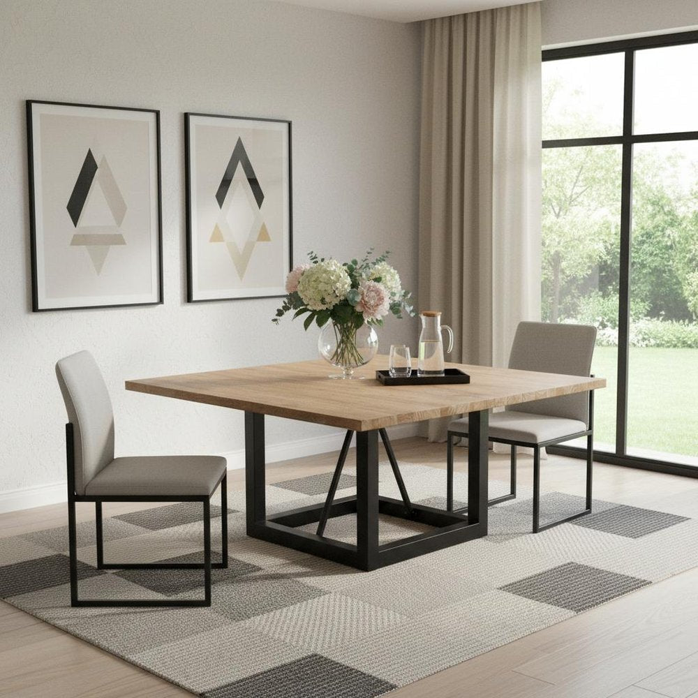 60" Natural and Black Solid Wood And Iron Frame Base Square Dining Table HomeRoots