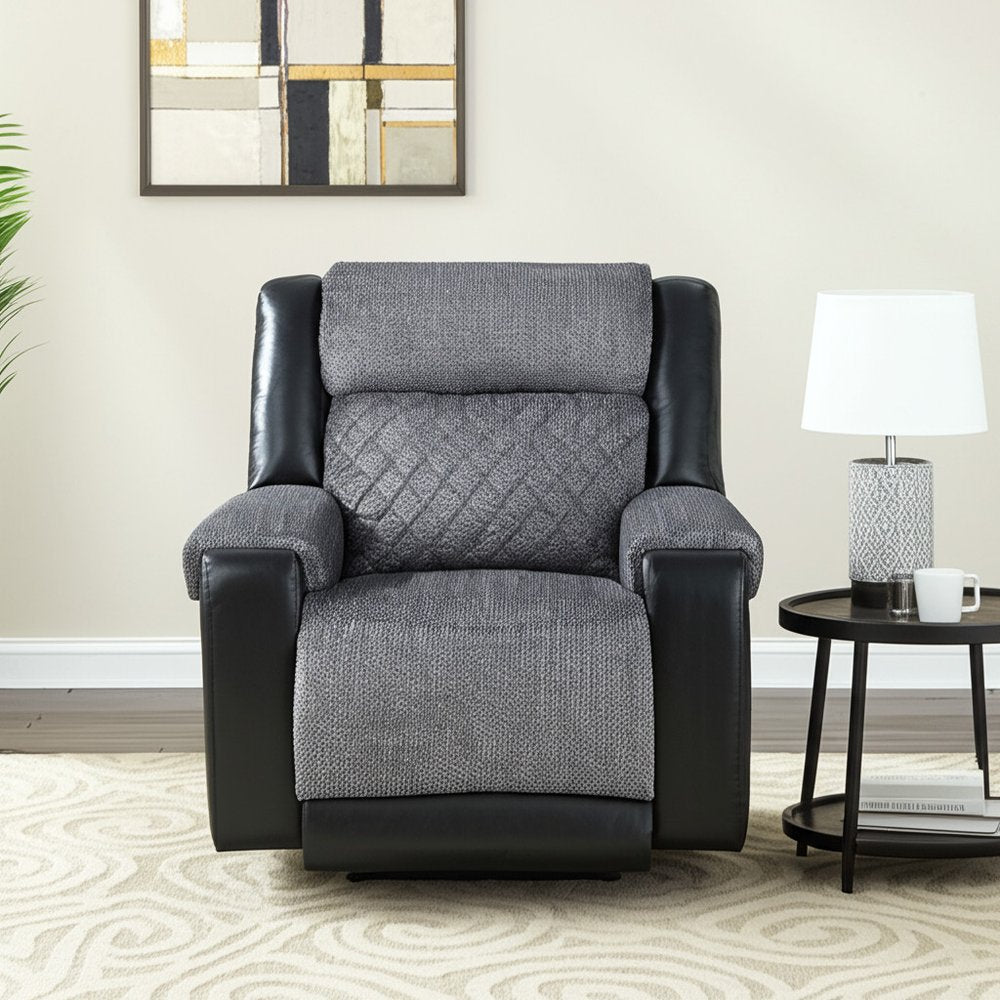 39" Black And Gray Faux Leather And Fabric Manual Recliner HomeRoots