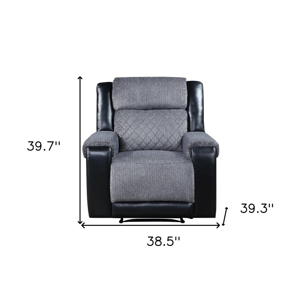 39" Black And Gray Faux Leather And Fabric Manual Recliner HomeRoots