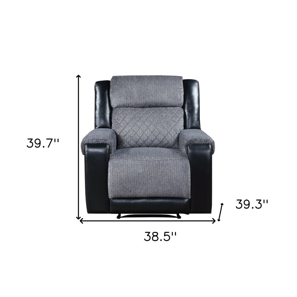 39" Black And Gray Faux Leather And Fabric Manual Recliner HomeRoots