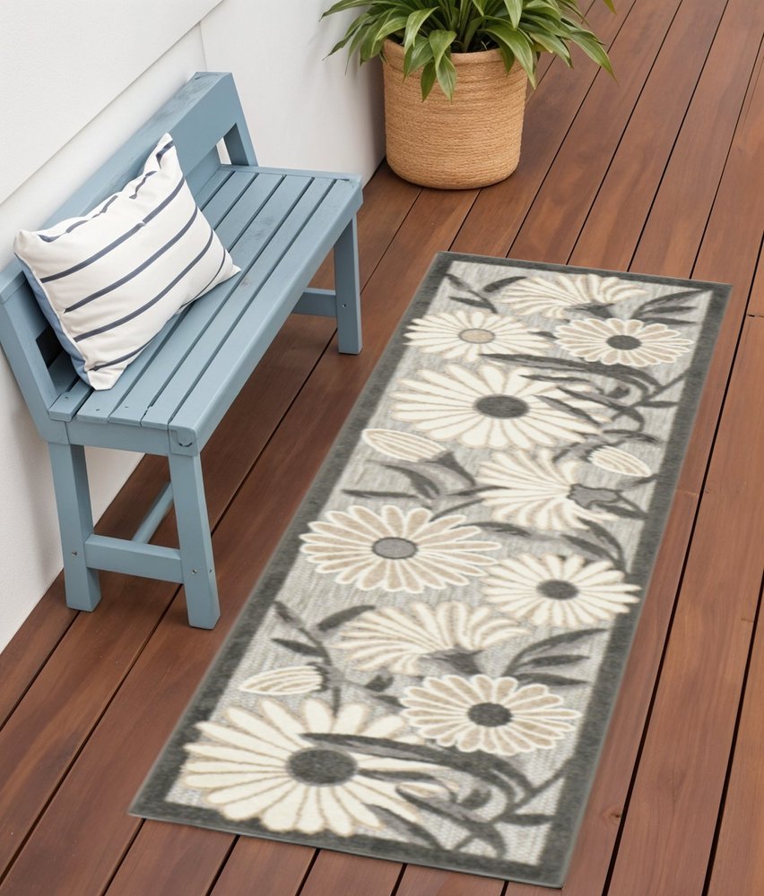 6' Beige And Gray Floral Indoor Outdoor Runner Rug HomeRoots