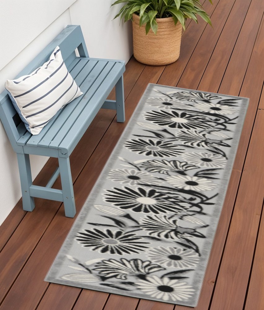 6' Black And White Floral Indoor Outdoor Runner Rug HomeRoots