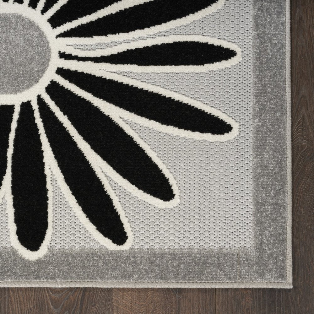 6' Black And White Floral Indoor Outdoor Runner Rug — view 1