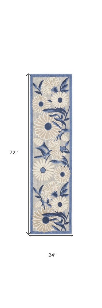 6' Blue And Gray Floral Indoor Outdoor Runner Rug
