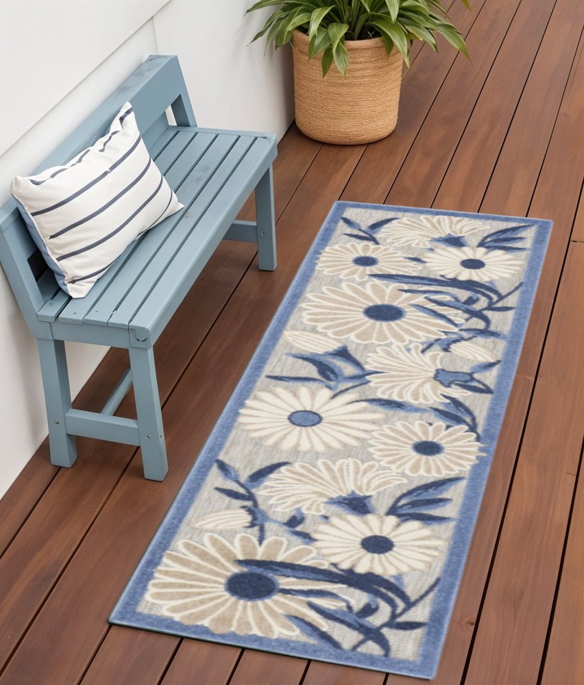 6' Blue And Gray Floral Indoor Outdoor Runner Rug