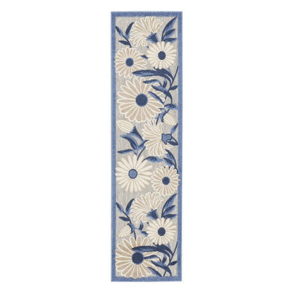 6' Blue And Gray Floral Indoor Outdoor Runner Rug