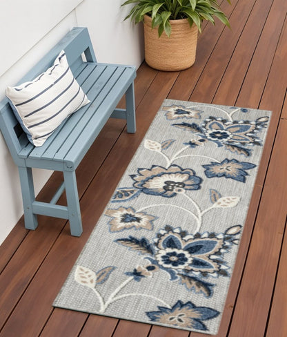 6' Blue And Gray Floral Indoor Outdoor Runner Rug HomeRoots