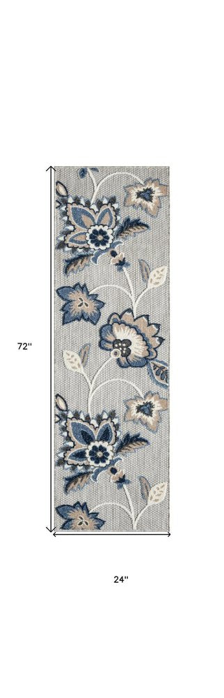 6' Blue And Gray Floral Indoor Outdoor Runner Rug HomeRoots