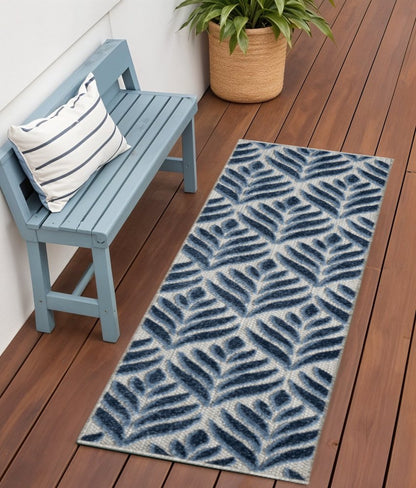 6' Blue And Gray Botanical Leaves Indoor Outdoor Runner Rug HomeRoots