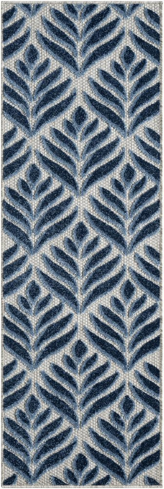 6' Blue And Gray Botanical Leaves Indoor Outdoor Runner Rug HomeRoots
