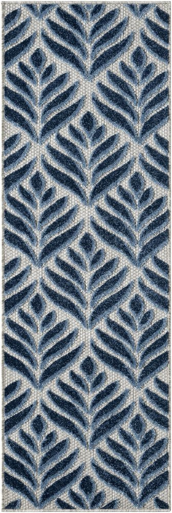 6' Blue And Gray Botanical Leaves Indoor Outdoor Runner Rug HomeRoots
