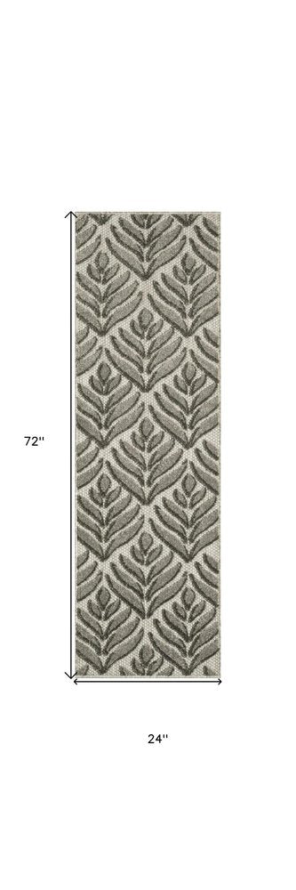 6' Charcoal And Beige Botanical Leaves Indoor Outdoor Runner Rug HomeRoots