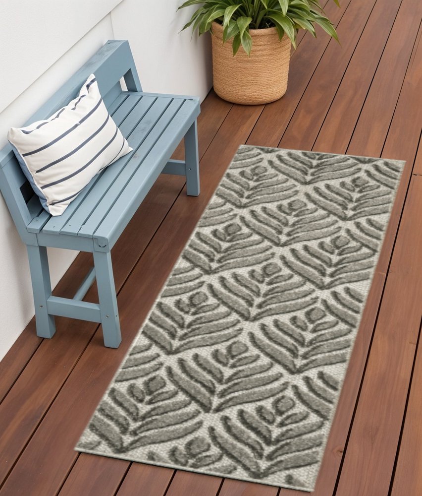 6' Charcoal And Beige Botanical Leaves Indoor Outdoor Runner Rug — view 2