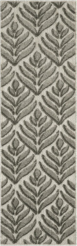 6' Charcoal And Beige Botanical Leaves Indoor Outdoor Runner Rug HomeRoots