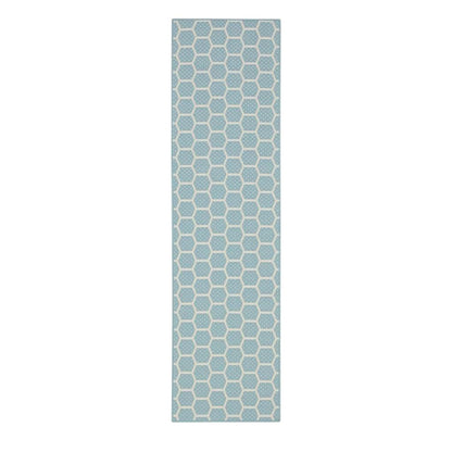8' Aqua And Ivory Geometric Indoor Outdoor Runner Rug