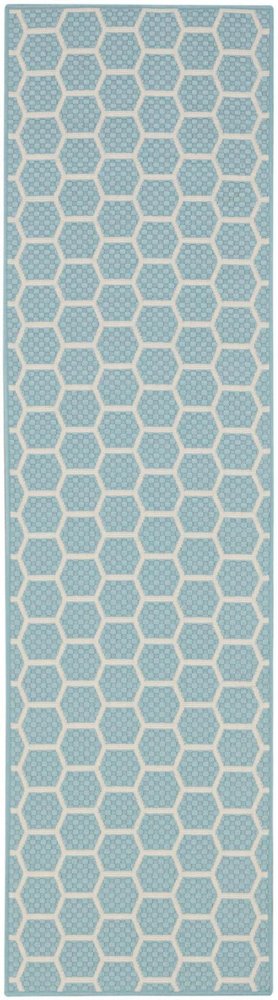 8' Aqua And Ivory Geometric Indoor Outdoor Runner Rug HomeRoots