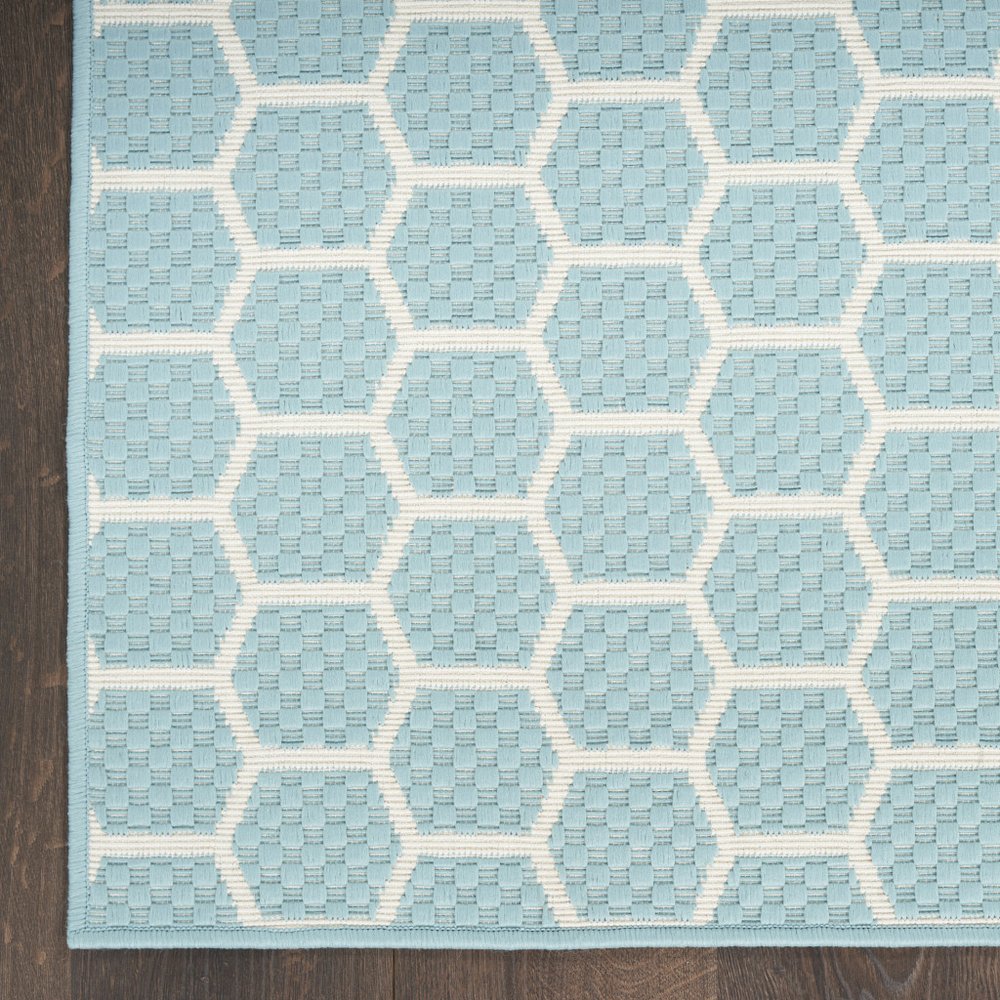 8' Aqua And Ivory Geometric Indoor Outdoor Runner Rug HomeRoots