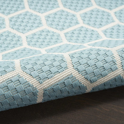 8' Aqua And Ivory Geometric Indoor Outdoor Runner Rug HomeRoots